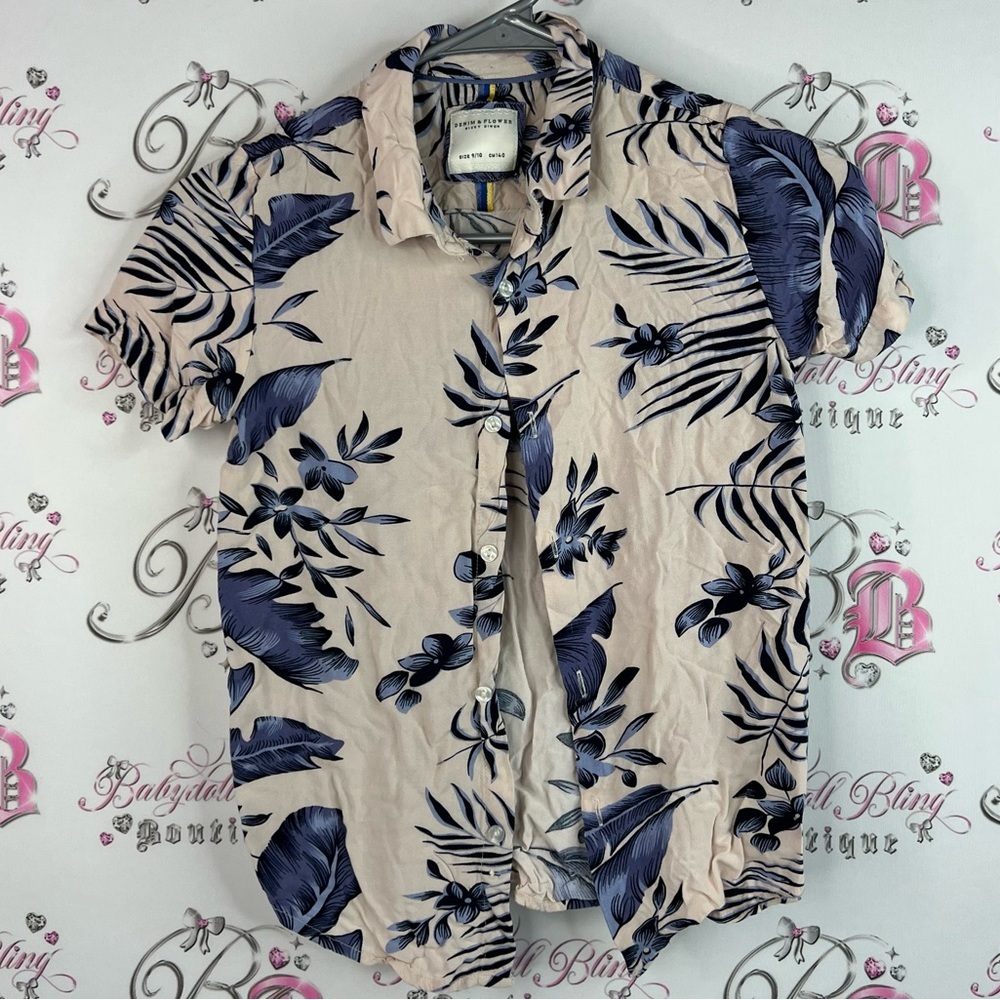 Denim & Flower button up shirt light pink Beige and Navy Leaf Print Shirt